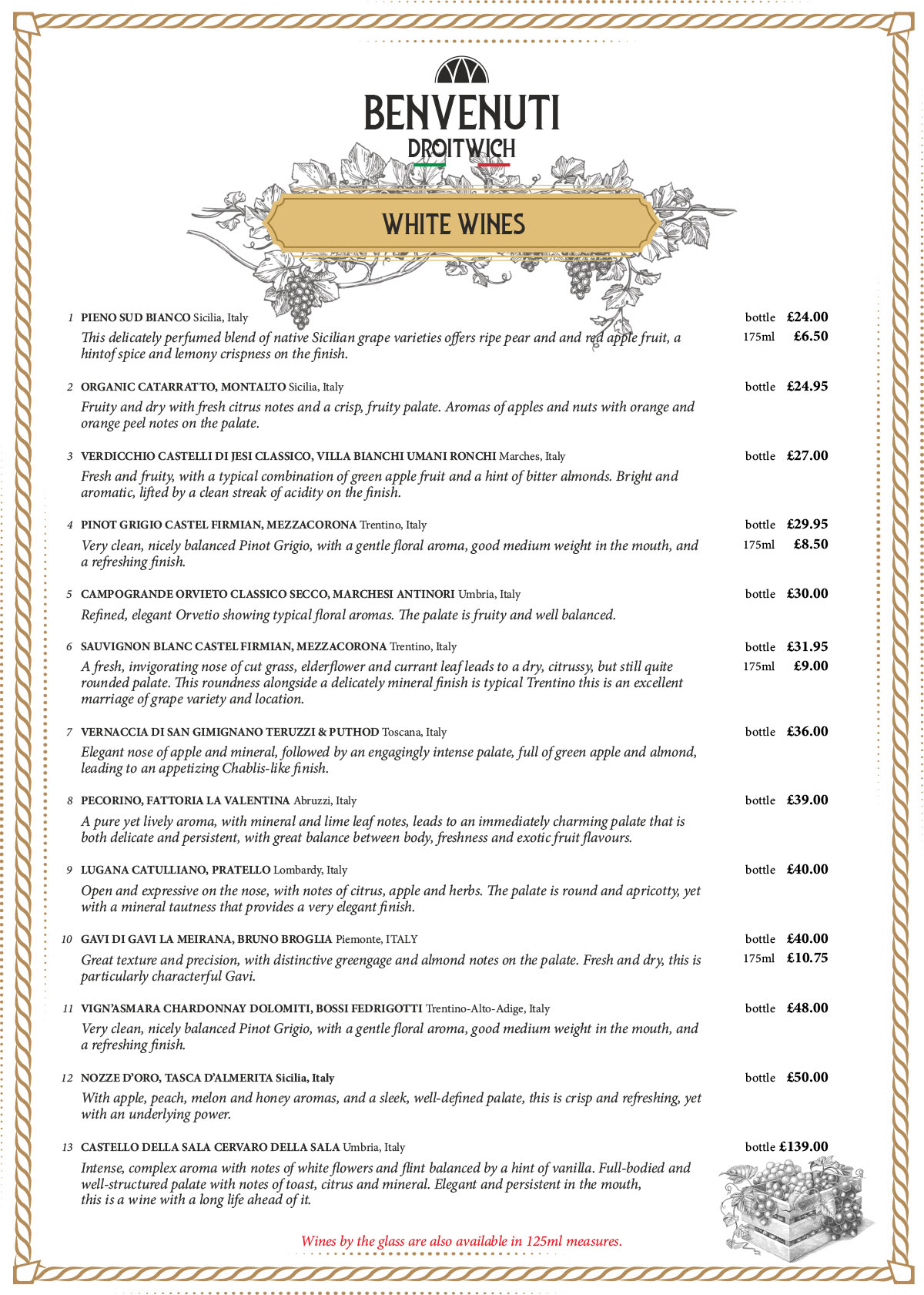 Benvenuti Droitwich Food & Drink Menu