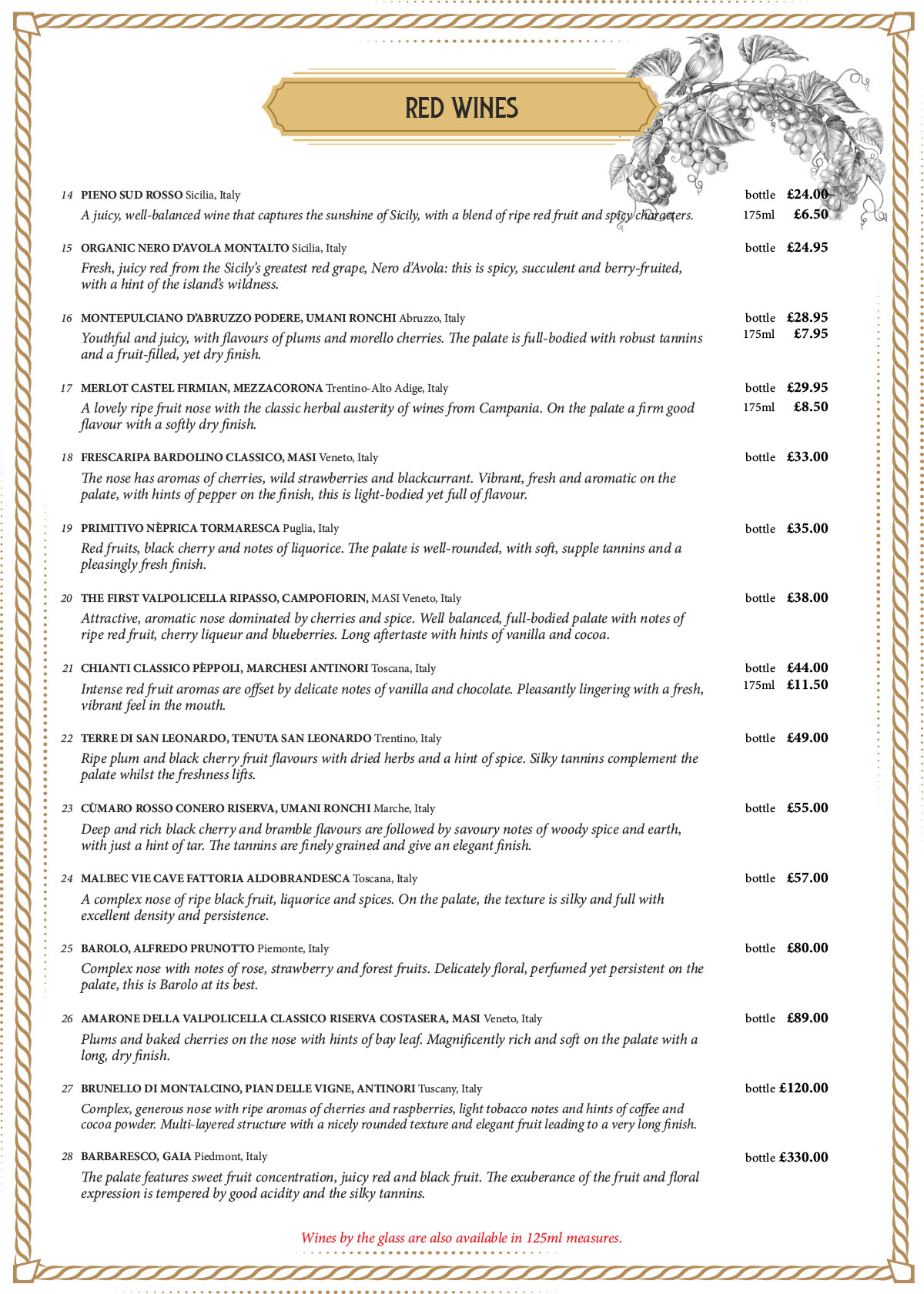 Benvenuti Droitwich Food & Drink Menu