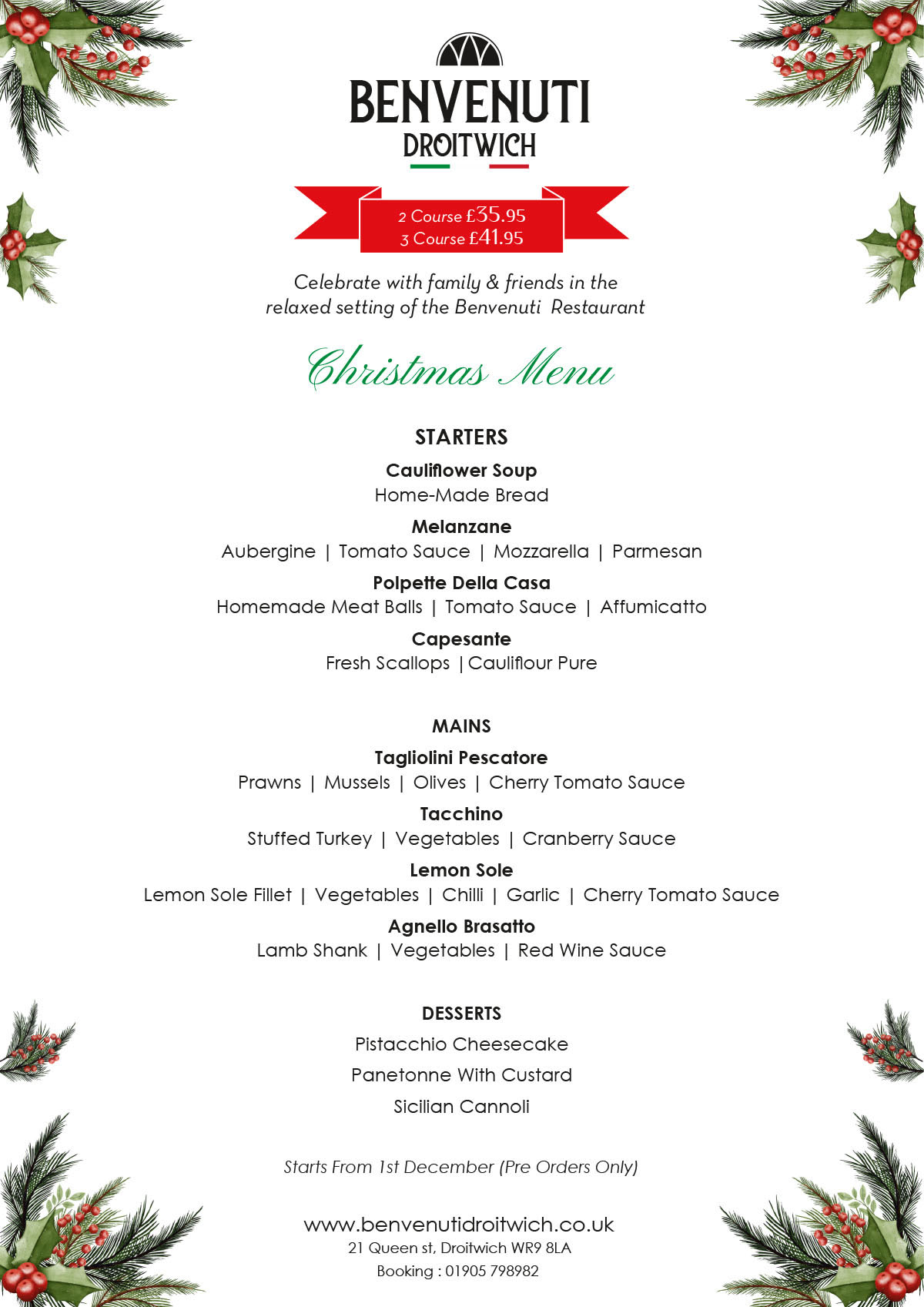 Benvenuti Droitwich Xmas Menu